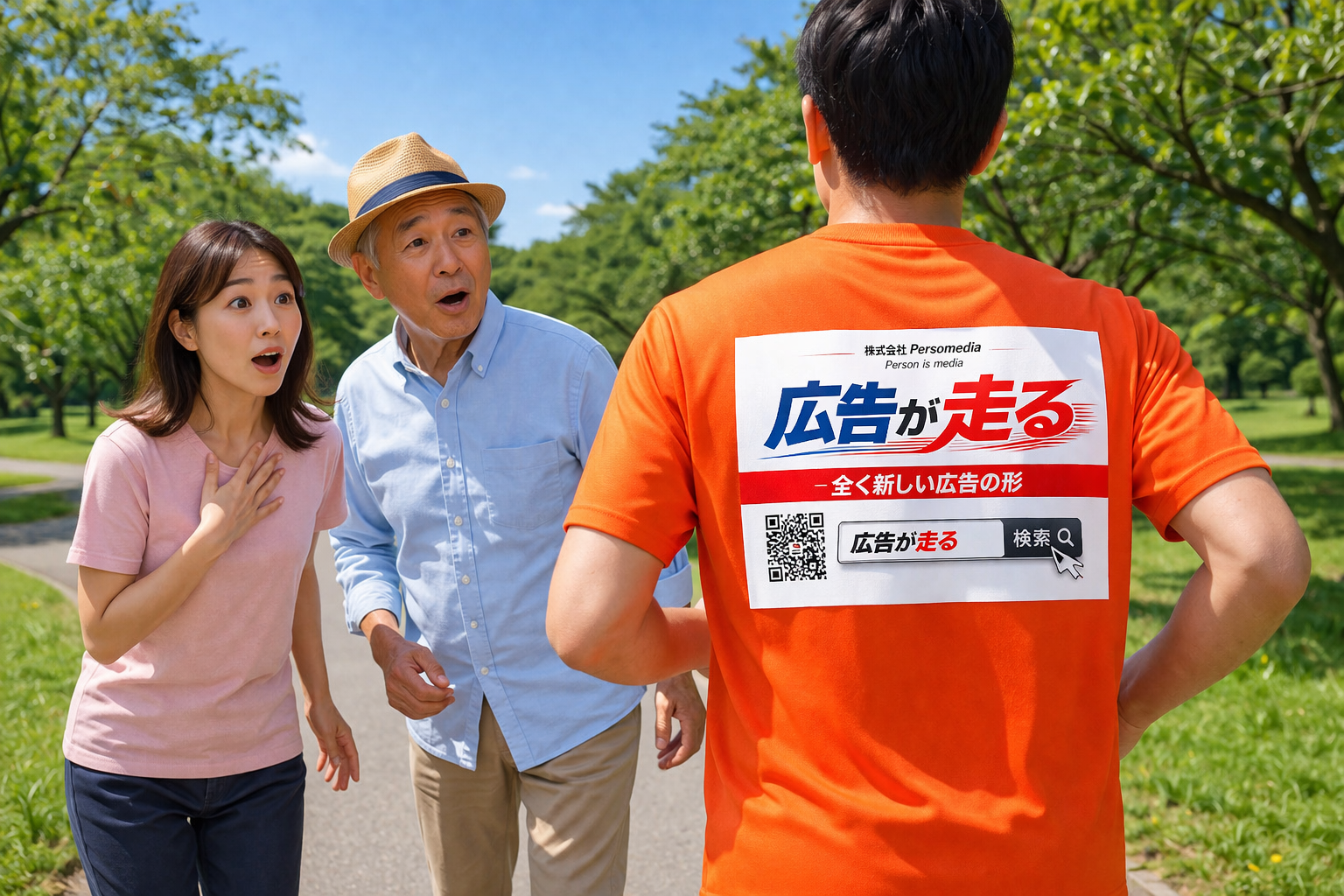 広告ゼッケンを付けたランナーが街を走る様子